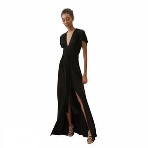 BHLDN Mendoza Black V Neck Short Flutter Sleeve Gown Slit Dress Size 4